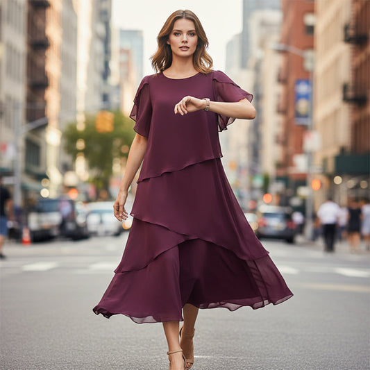 Vestido elegante en capas con mangas aleteadas