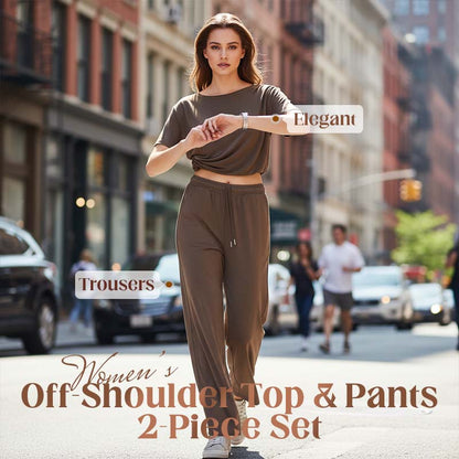 Conjunto de dos piezas de top y pantalones de hombros descubiertos para mujer