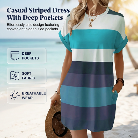 👗 ¡TIEMPO LIMITADO 50% DE DESCUENTO! ✨ Vestido Midi a rayas – Bolsillos, corte holgado, vacaciones, informal ✨