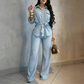 Set de camisa con cordón y pantalones anchos de mujer
