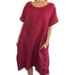 Vestido informal de algodón de lino para mujer con bolsillos