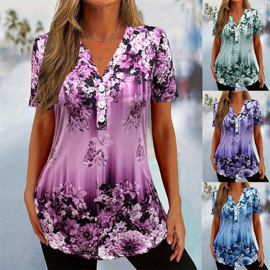 Camiseta elegante de manga corta con estampado floral para mujer