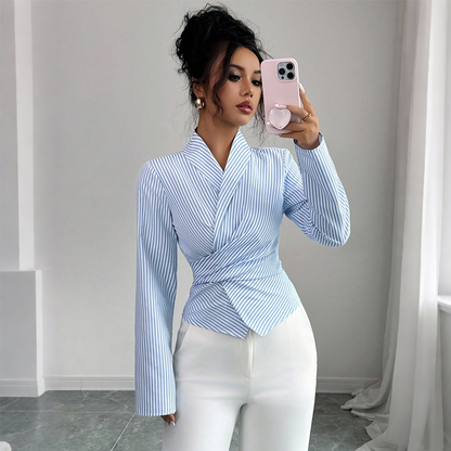 Blusa cruzante de manga larga y rayas de manga en V para mujer