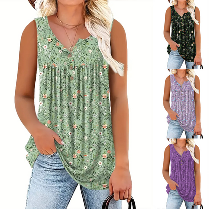 👚 ¡50% DE DESCUENTO AHORA! 🌸 Top sin mangas con botones y estampado para mujer – Tela transpirable, lindo estampado y perfecto para los días de verano ☀️