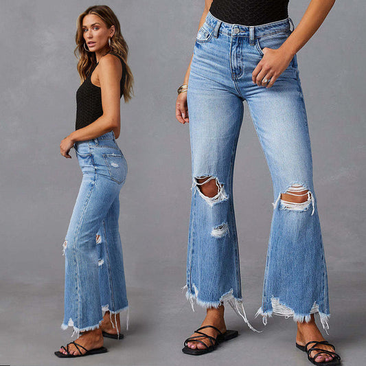 👖 ¡50% DE DESCUENTO AHORA! ✨ Vaqueros de mujer de talle alto y acampanado rasgados – detalles desgastados, pierna acampanada corta y vaqueros 💙 elásticos premium