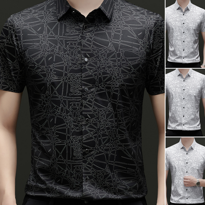 Camisa de solapa de manga corta con patrón geométrico abstracto chic para hombre