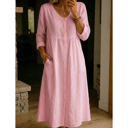 Vestido midi de lino casual con escote en V y escote en V