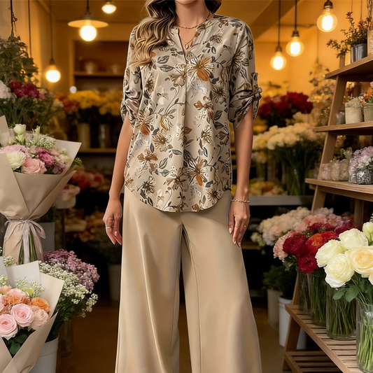 Set de blusa floral de dos piezas para mujer y pantalones anchos