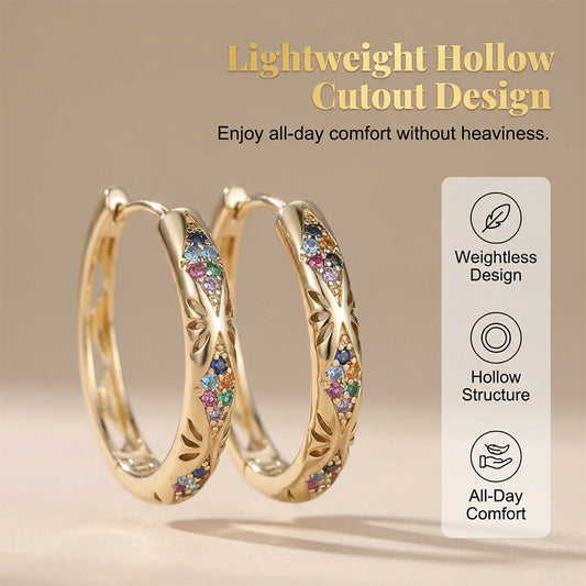 💎 ¡OFERTA POR TIEMPO LIMITADO 50% DE DESCUENTO! ✨ Pendientes de Aro Hueco de Zirconia Multicolor – Chapado en Oro, Ligero, con Cierre de Presión y Diseño de Calado ✨