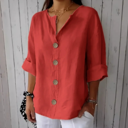 👕 ¡TIEMPO LIMITADO 50% DE DESCUENTO! 💫 Camiseta holgada de botones para mujer – Fácil, transpirable, resistente 🌿 a arrugas