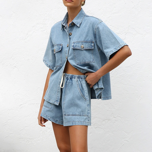 👕 ¡TIEMPO LIMITADO 50% DE DESCUENTO! ✨ Set de camiseta y pantalones cortos vaqueros – Corte relajado, cintura con cordón, dos piezas 🧵