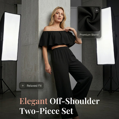 👑30 días sin motivo de reembolso👑Conjunto elegante de top con volantes descubiertos y pantalones de pierna ancha