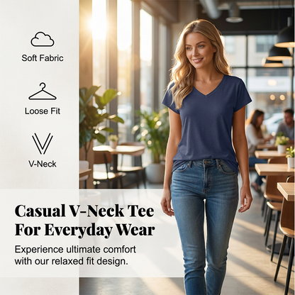 Camiseta casual de cuello en V y manga corta para mujer