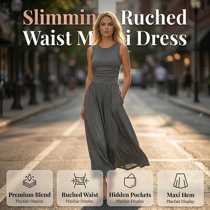 Vestido femenino elegante de cintura fruncida con bolsillos