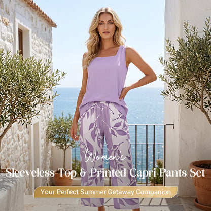 📢📢¡40% DE DESCUENTO! ⏰Set de camiseta sin mangas y pantalones capri estampados