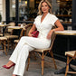 Conjunto elegante de camiseta en V y pantalones anchos de escote en V para mujer