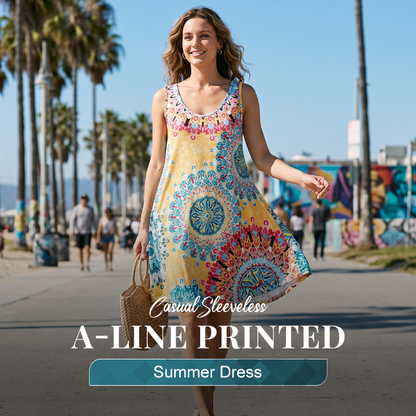 🌸Oferta caliente de verano✨ Vestido de verano estampado, casual, sin mangas y corte en línea A