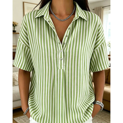 👕 ¡TIEMPO LIMITADO 50% DE DESCUENTO! ✨ Camisa de manga corta a rayas para mujer – Ajuste relajado, escote en V, 9 colores 🍂