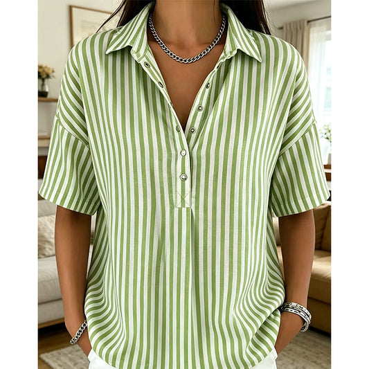 👕 ¡TIEMPO LIMITADO 50% DE DESCUENTO! ✨ Camisa de manga corta a rayas para mujer – Ajuste relajado, escote en V, 9 colores 🍂