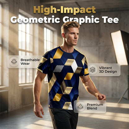 Camisa de cuello redondo con estampado geométrico 3D de hombre