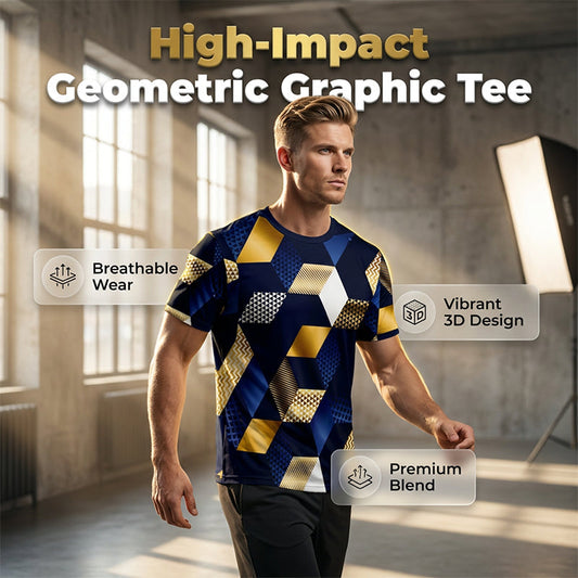 Camisa de cuello redondo con estampado geométrico 3D de hombre