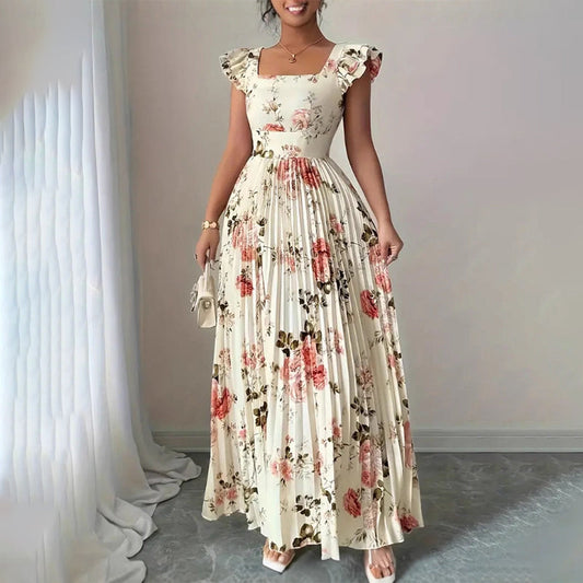 👗 ¡TIEMPO LIMITADO 50% DE DESCUENTO! ✨ Vestido largo plisado con flores – escote cuadrado, mangas con volantes, tiro 🌸 alto