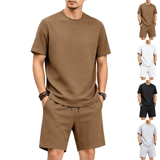 👕 ¡TIEMPO LIMITADO 50% DE DESCUENTO! ✨ Set de cuello redondo y pantalones cortos Jacquard de manga corta de color sólido para hombre – coordinado, transpirable, cómodo 🍃