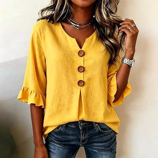 👚 ¡TIEMPO LIMITADO 50% DE DESCUENTO! ✨ Blusa de manga con volantes y escote en V y botones de madera – Bohemia, Fluida, Romántica 🍃