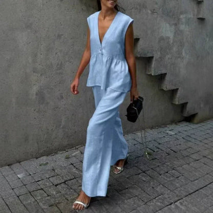 👚 ¡TIEMPO LIMITADO 50% DE DESCUENTO! 🌿 Conjunto de dos piezas de dos piezas con escote en V y escote en V y escote ancho – conjunto moderno, ligero y versátil ✨
