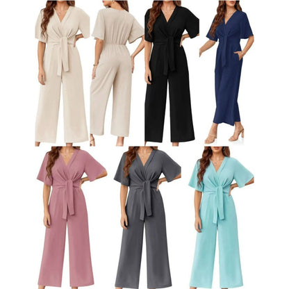 📢📢50% DE DESCUENTO!! ⏰Mono Elegante de Cuello en V con Pierna Ancha y Lazo en la Cintura para Mujer
