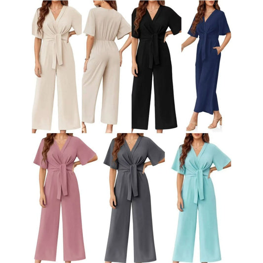 📢📢50% DE DESCUENTO!! ⏰Mono Elegante de Cuello en V con Pierna Ancha y Lazo en la Cintura para Mujer