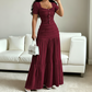 👗 ¡TIEMPO LIMITADO 50% DE DESCUENTO! ✨ Set de vestido de cuello cuadrado para mujer – Tela arrugada, falda en niveles, elegante 🍷