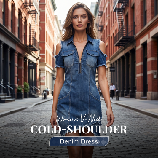 👖 ¡TIEMPO LIMITADO 50% DE DESCUENTO! ✨ Vestido vaquero de hombro frío para mujer – escote en V, fluido, boho 🌼