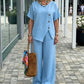 Chic Button Detail Top y Pantalones de Pierna Ancha