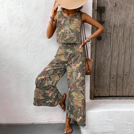 👚 ¡50% DE DESCUENTO AHORA! 👖 Set de camiseta sin mangas estampada y pantalones anchos para mujer – Fluido y transpirable – Perfecto para ropa de verano, playa o resort – chic 🌸 sin esfuerzo