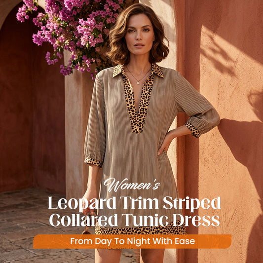 Vestido túnica de rayas con cuello y ribetes de leopardo para mujer