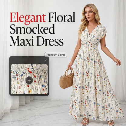 Vestido largo de cintura smock con escote en V y flores de mujer