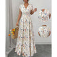 Vestido largo de cintura smock con escote en V y flores de mujer
