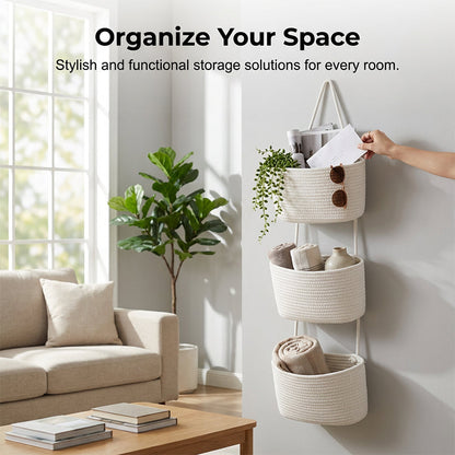 Organizador Colgante de Pared Estilo Boho – Cestas Tejidas de 1, 2 y 3 Niveles