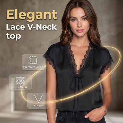 👚 ¡50% DE DESCUENTO AHORA! 🌙 Camiseta de encaje de escote en V para mujer – manga corta, elegante y de día a noche – empalme de encaje intrincado, caída relajada, encanto 🌸 femenino