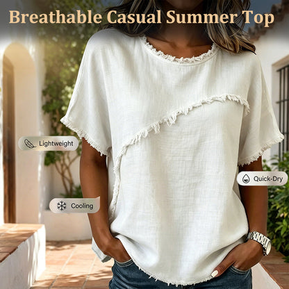 👚 ¡OFERTA LIMITADA 50% OFF! 💥 Top de Verano para Mujer con Paneles de Borde Sin Rematar – Cuello Redondo, Corte Holgado, Estilo Atrevido ✨