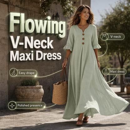 👗 ¡50% OFF POR TIEMPO LIMITADO! ✨ Vestido Maxi Holgado con Escote en V para Mujer – Silueta Fluida, Tela Suave, Del Día a la Noche 🌙