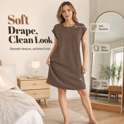 👗 ¡50% OFF POR TIEMPO LIMITADO! ✨ Vestido de Color Sólido con Cuello Redondo para Mujer – Mezcla de Algodón, Manga Corta, Ajuste Relajado 🌸