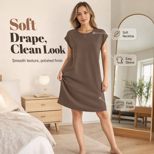 👗 ¡50% OFF POR TIEMPO LIMITADO! ✨ Vestido de Color Sólido con Cuello Redondo para Mujer – Mezcla de Algodón, Manga Corta, Ajuste Relajado 🌸