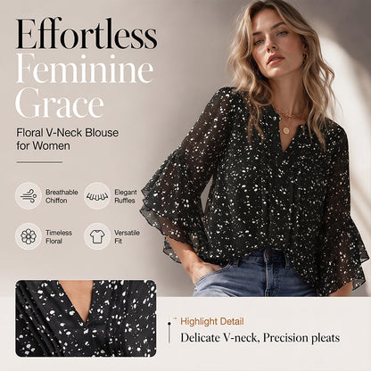 Blusa de mujer con estampado floral cuello en V y mangas 3/4 con volantes
