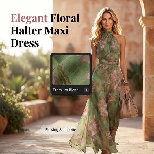 Elegante vestido largo de estampado floral con escote halter
