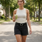 Shorts casuales elásticos para mujer con bolsillos funcionales