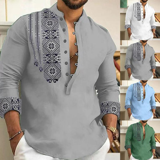 Camisa informal de manga larga con cuello alto para hombres