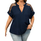 Blusa de vara de talla grande de malla transparente con escote en V