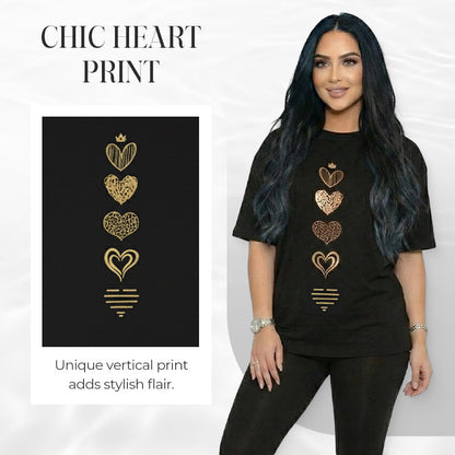 Camiseta de manga corta con estampado de corazones casual para mujer